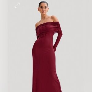 MESHKI off the shoulder mesh maxi dress in beautiful plum color. Worn once.